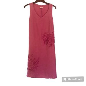 Kleen Size Small Pink Linen Dress Flower Applique Pullover A-Line Lagenlook Boho